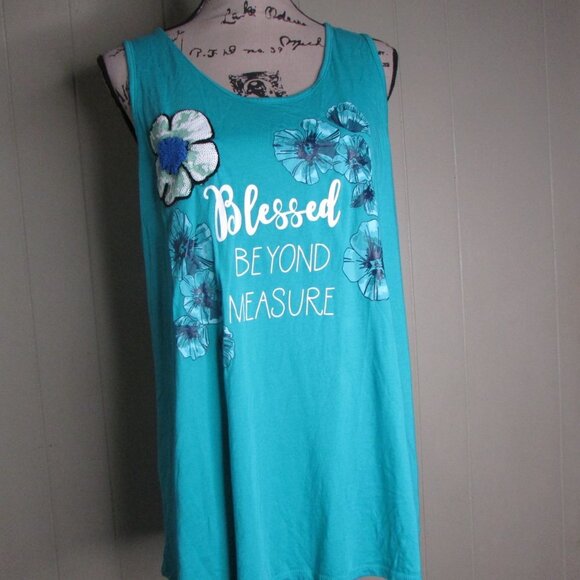 Est 1946 Sleeveless Blouse L Blessed Beyond Measure Floral Green Teal - Picture 3 of 14